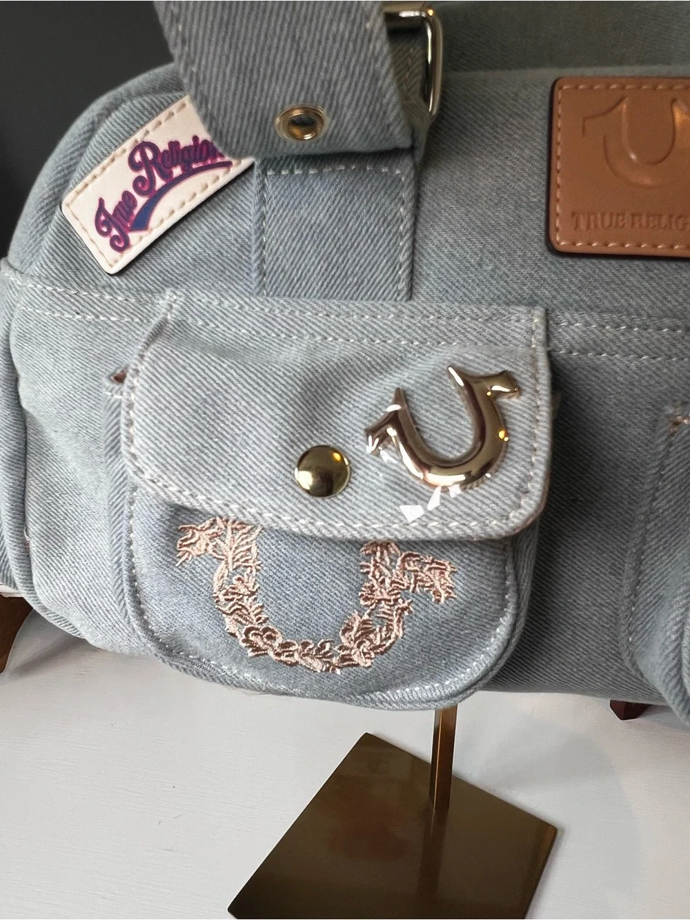 True Religion Y2K Light Wash Denim Cargo Patch Satchel Bag Purse NWT